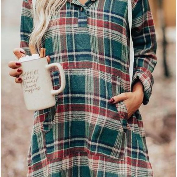 Dresses & Skirts - Green Plaid Hooded Button Pocket High-Low Dress